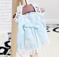 Detail of light blue daisy pet dress with white lace trim and bow on a wooden hanger - XS / Blue Sunflower