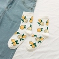 Casual white cotton crew socks featuring cute yellow lemon patterns for women - Lemon