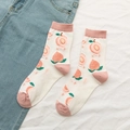 Cotton ankle socks in beige and pink featuring a cute peach pattern and characters - Peach
