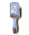 Detail of blue air cushion hairbrush with floating sequins and rainbow narwhal print - Small Whale Glitter