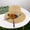 Women's woven straw sun hat with a vibrant yellow floral accent and black satin ribbons - M (56-58cm) / Khaki