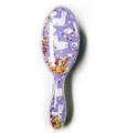 Close-up of transparent hairbrush featuring purple alpaca pattern and flowing sequins - White Sheep Glitter Brush