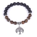 Lava stone and wood beaded bracelet featuring a silver-colored tree of life charm - Ebony Wood Style