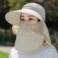 Beige wide-brim sun hat with lace mask and neck shawl for full UV protection - Rose Flower / Beige