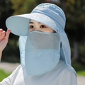 Light blue removable sun hat with wide brim, breathable face mask and neck protection - Rose Flower / Sky Blue