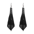 Detail of long black mesh sequin fringe earrings with geometric triangular design - Black