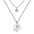 Double-layered silver stainless steel necklace featuring butterfly and round CZ pendants - Butterfly/Silver