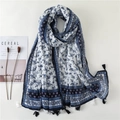 Bohemian blue and white floral scarf with stylish black and white tassels on cotton linen - SL2003-025 (White Blue Ethnic Ditsy Floral)