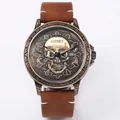 Gothic retro skull watch with bronze case, brown leather strap, and date display - Antique Bronze