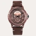 Vintage Herren-Quarzuhr mit Totenkopf, Bronzegehäuse, braunem Lederarmband und Datumsanzeige - Rote Bronze