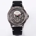 Retro men's skull watch with leather strap and carved vintage steel case with calendar - White Bronze