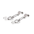 Silver long drop earrings with heart link and white pearl pendants on white background - Steel Color (KE88435-KFC)