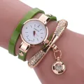Detail of green faux-leather wrap-around watch with rhinestone charms on wrist - Winding Rod Pendant / Green