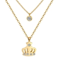 Double-layered gold necklace featuring a minimalist round crystal and a crown pendant - Crown/Gold