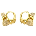 Golden hoop earrings with heart charms and sparkling zircon stones on a clean white background - Multi-Pendant Heart Hoop / Gold
