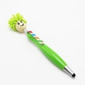 Green cartoon plush pen with smiling doll head and colorful striped clip for touch screens - Green