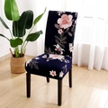 Stretch dining chair cover with navy blue fabric and pink floral pattern for home decor - Youthful Elegance