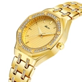 Close-up of gold ladies watch with crystal hexagonal bezel and polished mesh dial - Gold