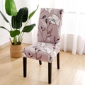 Elastic chair cover in light purple with white floral pattern and blue lines decoration - Flower Rhythm