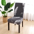 Dark grey stretch chair cover with white feather print for high back dining chairs - Gray Feather