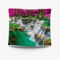 Nordic wall tapestry with a vibrant waterfall and pink forest landscape in square format - Gt110125