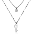Double layered stainless steel necklace with round crystal and key pendant in silver finish - Key/Silver