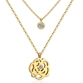 Gold double-layered necklace featuring a round zircon stud and hollow rose flower pendant - Rose/Gold