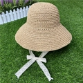 Elegant woven straw sun hat with white lace ribbon tie and bow for women and kids - Khaki