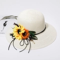 Beige woven summer straw hat decorated with sunflower clusters and black ribbon - M (56-58cm) / Milk White