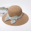 Women's summer straw sun hat with wide brim and green checkered bow for beach vacation - M (56-58cm) / Khaki