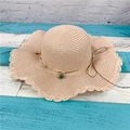Elegant wide-brim straw sun hat in soft pink with scalloped edges and bow detail - Adult M / Light Pink