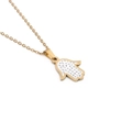 Golden stainless steel Hamsa necklace with sparkling zircon crystals on white background - Gold Full Zircon Style