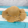 Khaki wide-brim straw sun hat with wave edges and colorful floral tassel details - Adult M / Khaki