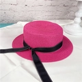 Rose red boater hat with black bow ribbon and white stitching on a flat brim - M (56-58cm) / Rose Red
