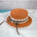 Flat top straw hat in orange-brown with white lace trim and coffee plaid bow detail - Rust red