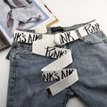 Cinturón de lona blanca con estampado punk negro y hebilla de doble anilla D plateada - Blanco