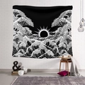 Detailed texture of black and white Great Wave tapestry hanging on a white brick wall - Gt110124 / 73X95CM (Brushed Fabric)