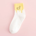 White cotton crew socks featuring a yellow banana embroidery and a melting cream hem design - One Size / Banana