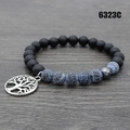 Mala bracelet with black lava, blue imperial jasper beads, and Tree of Life charm - Blue Crackle Stone (6323C)