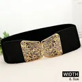 Women's 6cm wide elastic belt in black with gold floral镂空 buckle and silver glitter - EL72