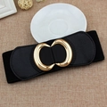 Women black elastic wide waist belt featuring a gold interlocking semi-circle metal buckle - EL77