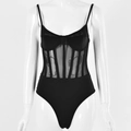 Detailed view of black mesh patchwork bodysuit with sheer corset-style boning structure - M / Black