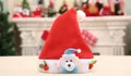 Détail du bonnet de Noël rouge avec ours en peluche 3D, feuilles de houx et baies rouges - Enfants Mains en l'air Ours