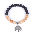 Tree of Life bracelet with black volcanic rock and beige wood beads in silver finish - Wooden Beads Style