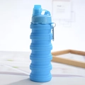 Portable blue silicone collapsible sports water bottle with metal climbing buckle clip - 500ml / Blue (Pointed Mouth)