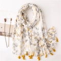 White butterfly print scarf with yellow tassels made of soft cotton linen feel fabric - White Butterfly Print / Yellow Tassels (SL2004-003)