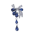 Elegant silver bow brooch with deep blue crystal waterdrop pendants and white rhinestones - Sapphire Blue (A4-74)