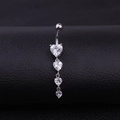 Silver belly button ring featuring four dangling heart-shaped zircons on black leather - White