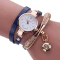 Navy blue multi-layer wrap watch for women with rose gold case and crystal charm - Winding Bowknot Pendant / Blue