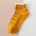 Japanese style yellow cotton ankle sock with white lace trim and vertical stripes - One Size / Turmeric